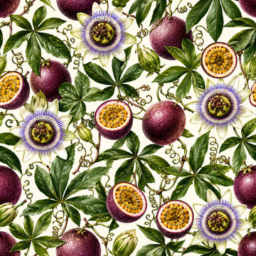 Passion Fruit Flower and Leaf Seamless Botanical Pattern
