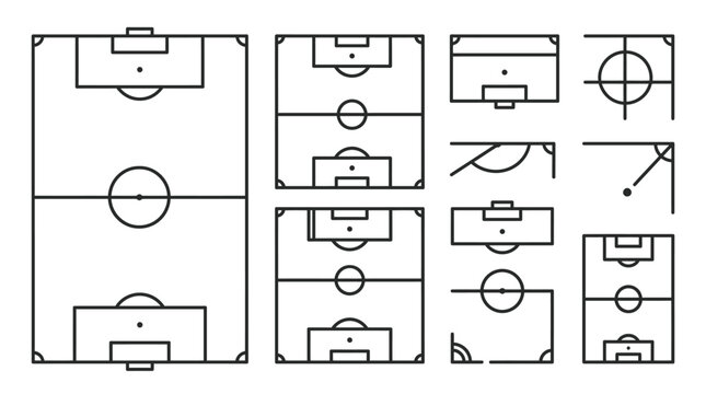 Football Field Diagrams and Soccer Pitch Layouts Set on Isolated White Background