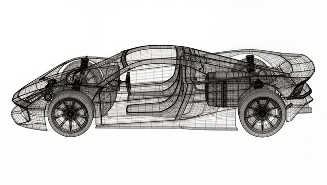 Futuristic Supercar Transparent Wireframe Blueprint CAD Engineering Visualization Isolated on White Background