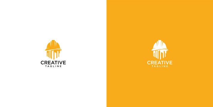 Construction company building logo design featuring a hard hat silhouette integrated with high rise city skyscraper architecture elements