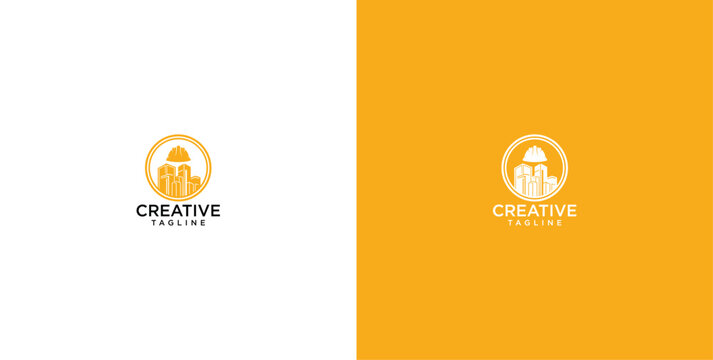 Creative Professional Construction and Engineering Logo Design Concept with Building and Hard Hat Icon