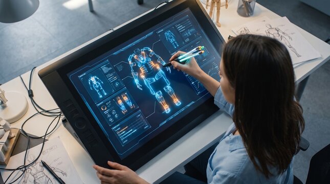 An overhead view of a concept artist using a stylus to draw an advanced robotic exoskeleton suit on a digital drawing screen.
