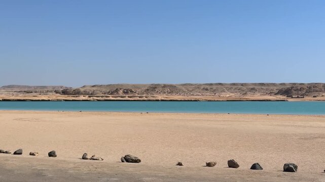 Panoramic View of the Magic Lake in Ras Muhammad National Park with Sandy Desert Shore and Turquoise Water