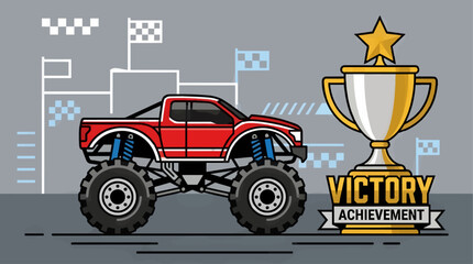 Red Monster Truck with Large Tires Beside Gold Trophy with Star, Flat Vector Illustration of Racing Victory and Achievement Concept, Checkered Flags and Finish Line Background © Zanu