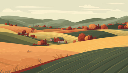 An illustration of a vibrant autumn rural landscape with rolling hills, golden fields, green pastures, and scattered farmhouses under a cloudy sky. © Merah