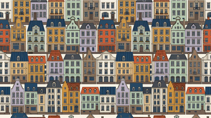 Obraz premium Seamless Repeating Pattern of Varied European Townhouse Designs, Flat Vector Illustration with Diverse Architectural Styles, Colorful Cityscape Elements on White Background, Graphic Resource for