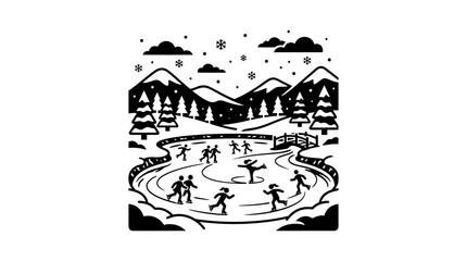 Obraz premium Winter Ice Skating Scene with Mountains and Snowfall - Vector Illustration