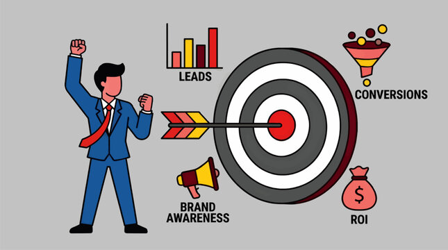 Flat Vector Illustration of Businessman Achieving Marketing Goals with Target, Leads, Conversions, ROI, and Brand Awareness Icons