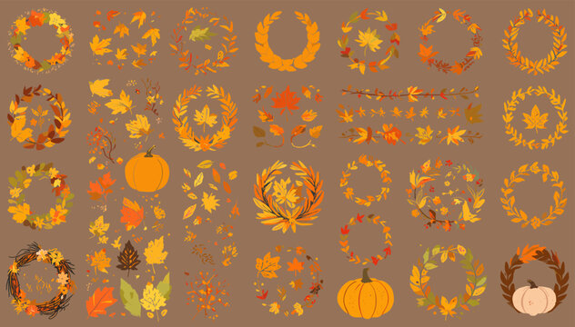 A collection of autumn-themed decorative elements including wreaths, scattered leaves, and pumpkins on a brown background.