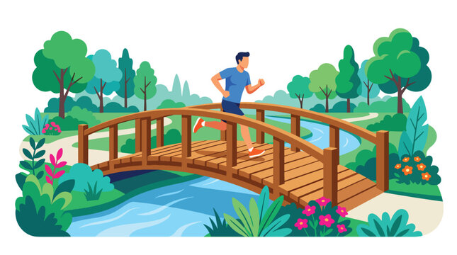 Vector illustration of an athletic male runner crossing a wooden bridge during an outdoor workout