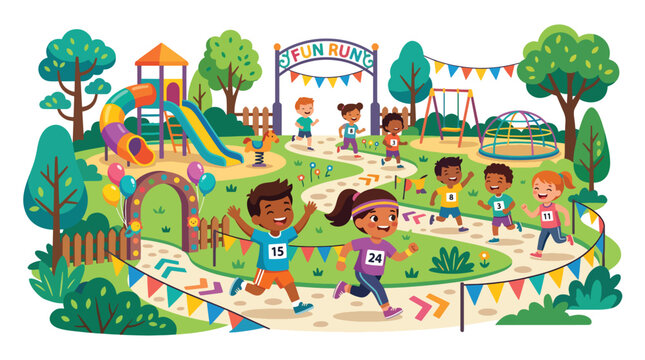 Group of Happy Diverse Children Participating in an Organized Fun Run Event Inside a Sports Stadium