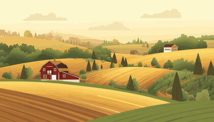A picturesque rural landscape featuring rolling golden fields, green pastures, scattered trees, and traditional farm buildings under a hazy sky. © Merah