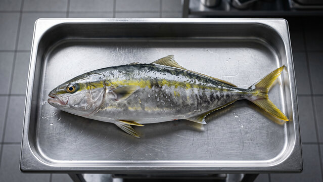 Fresh Whole Yellowtail Amberjack Fish in a Stainless Steel Tray in a Professional Kitchen