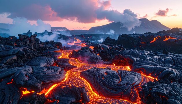 A dramatic volcanic landscape at sunset with flowing lava.