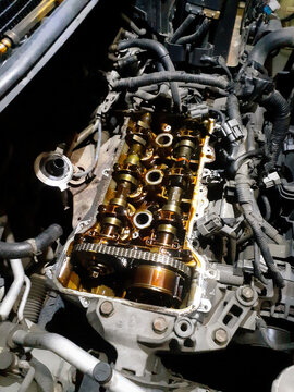 Close up of an open car engine block showing the camshaft and timing chain.
