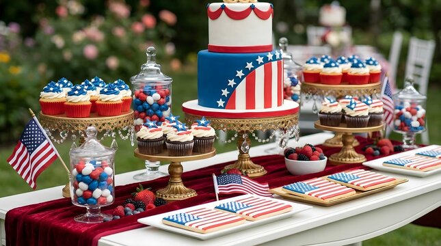 Patriotic dessert table with red, white, and blue tiered cake, cupcakes, and sweets, ideal for a festive American holiday celebration