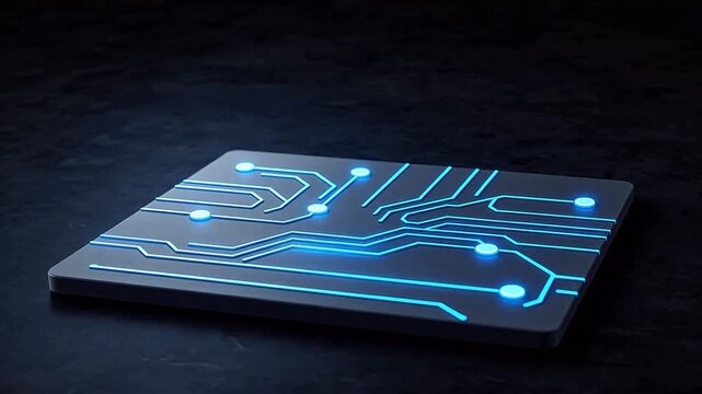 Circuit board with glowing blue lines