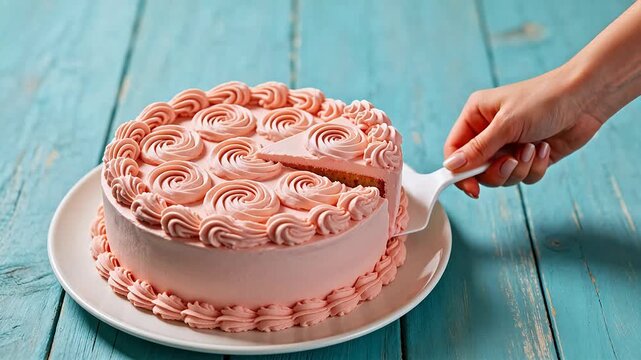 Pink frosted cake with slice being lifted
