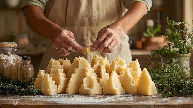 A baker's hands carefully shaping dough into intricate castle-like forms on a floured wooden surface surrounded by fresh herbs and kitchen essentials in a warm rustic setting - shapes.