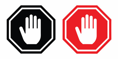 Octagonal Stop Signs With Hand Symbols Black And Red Versions © Rakesh