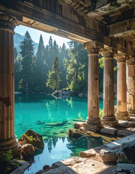 Ancient ruins overlook a crystal-clear turquoise lake surrounded by a lush forest.