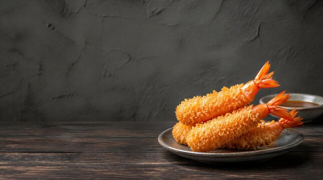 Crispy Japanese ebi furai breaded fried prawns on ceramic plate with dipping sauce