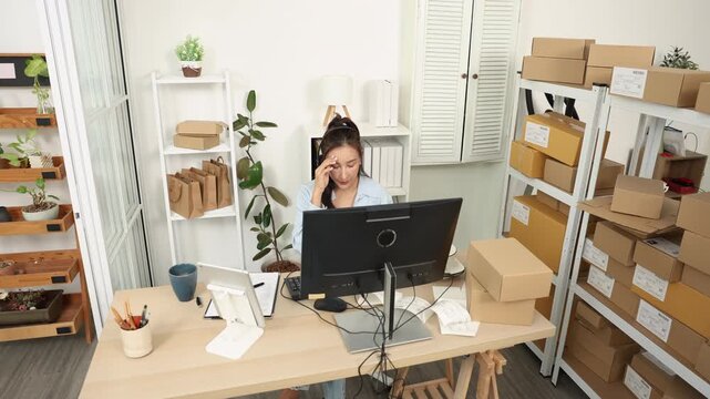 Telemarketing, service, communication, ecommerce, seller or small business owner using headset talking with customer, trying to keep business active despite weak sales, low demand, frustration.