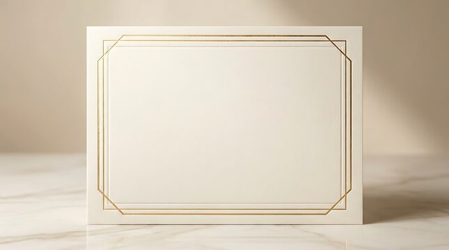 Elegant blank white card with gold border on marble surface