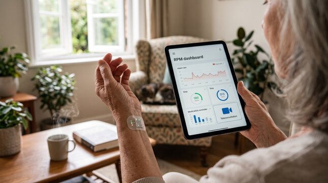 Senior woman checking health vitals on tablet connected to wearable sensor patch for remote patient monitoring