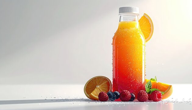 A refreshing gradient juice bottle with fresh fruits