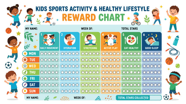 Kids Sports Activity and Healthy Lifestyle Reward Chart Template.