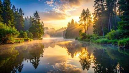 Obraz premium Serene forest river bathed in golden sunrise light with mist rising.