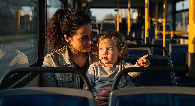 Woman and child on city bus.