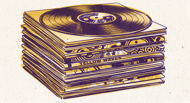 Stack of Vinyl Records: A colorful stack of vinyl records, each with a unique album cover, creating a visually appealing display for music lovers and collectors.
