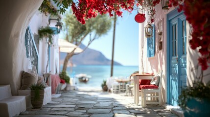 Fototapeta premium Charming Coastal Passage in a Serene Island Setting with Vibrant Flowers and Blue Door