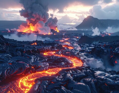 A dramatic volcanic eruption spews smoke and molten lava across a desolate landscape under a cloudy sky.