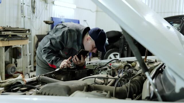 Skilled mechanic checking vehicle diagnostics on smartphone during engine repair, analyzing technical issues inside modern automotive service center
