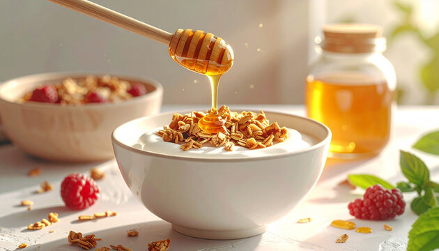 Honey pouring on yogurt with granola raspberries and honey jar closeup