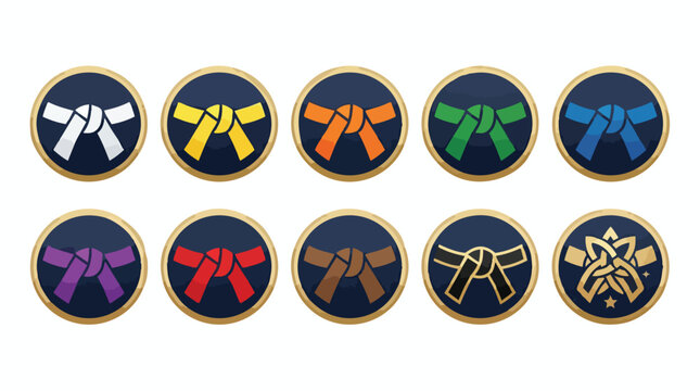 Set of martial arts karate belt ranking badges in circle icons.