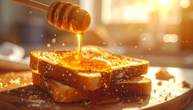 Honey pouring onto toast slices on a wooden board with warm lighting