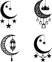 Fototapeta premium Black crescent moons hang with stars and lanterns