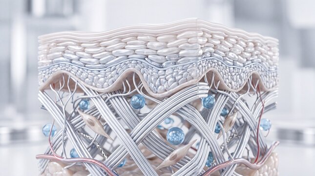 Cross section of human skin layer, collagen fiber, elastin, and cell structure, showing anti aging clinical concept, smooth texture, and healthy appearance