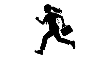 Obraz premium Silhouette of running female medical professional with stethoscope and bag