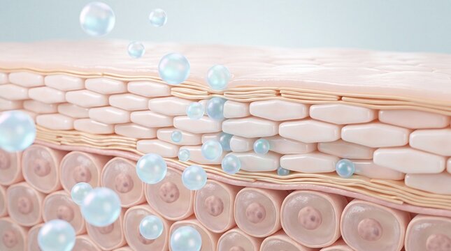 Cross section skin barrier diagram healthy epidermis layer hydration moisture protection smooth texture glowing effect dermatology skincare scientific illustration