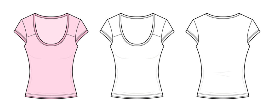 Women's Deep Scoop Neck Cap Sleeve Baby Tee Technical Fashion Flat Sketch CAD Vector Template. Front and Back View Blank T-Shirt Mockup Design.