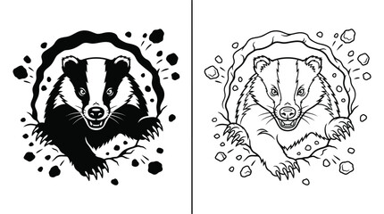 Badger Black and White Stylized Flat Vector Illustration of an Animal Emerging From a Burrow in Two Renditions © MD