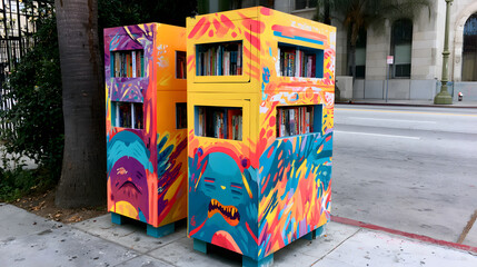 Naklejka premium Colorful Street Library: Urban Public Art Boosts Literacy and Cultivates Community Through Book Exchange and Charitable Donations