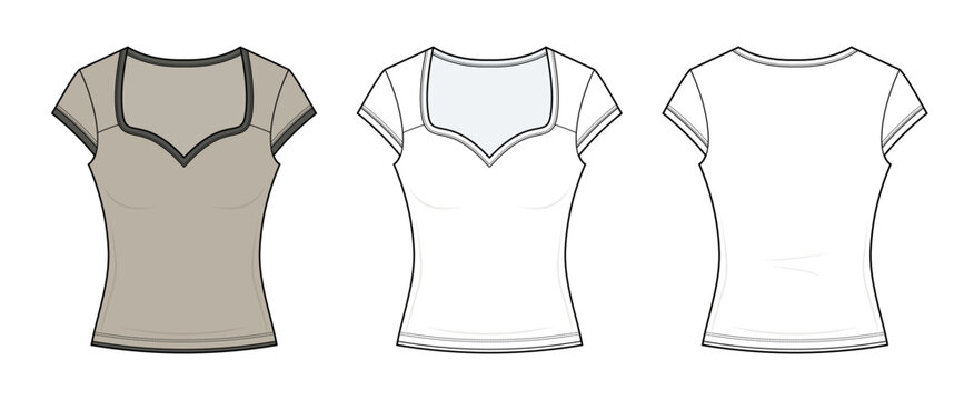 Women's Sweetheart Neck Cap Sleeve Baby Tee Technical Fashion Flat Sketch CAD Vector Template. Front and Back View Blank T-Shirt Mockup Design.