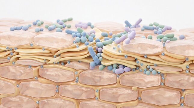 Skin microbiome protection healthy epidermis beneficial bacteria hydrated skin barrier close up 3D illustration dermatology wellness science pastel color microscopic view smooth texture