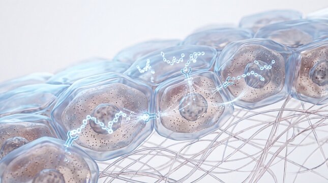 Transparent skin cells with peptide molecules interact in soft, glowing environment, illustrating skin regeneration and cellular repair, highlighting scientific and rejuvenating concepts